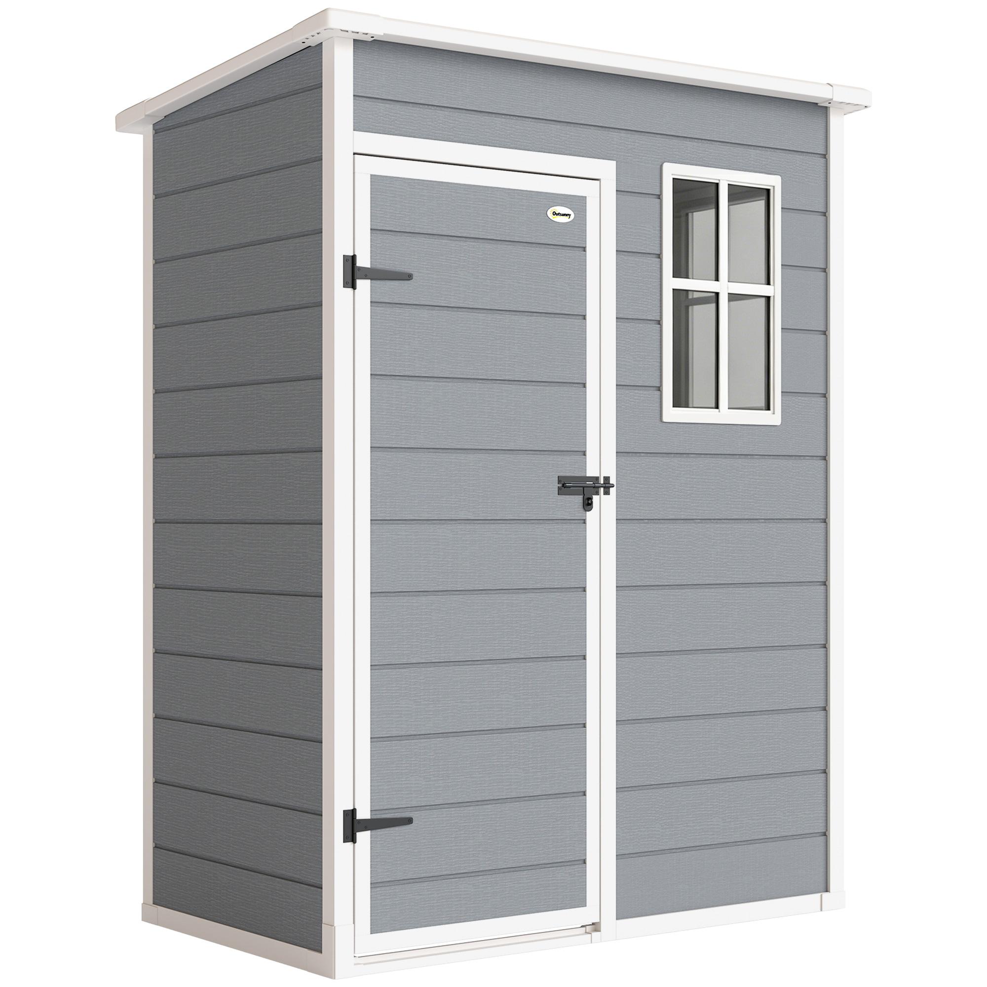 Abrigo de Jardim 1,14 m² 151x92x193 cm Abrigo de Exterior Metálico com Chão Porta de Correr Janela e Teto Inclinado Cinzento