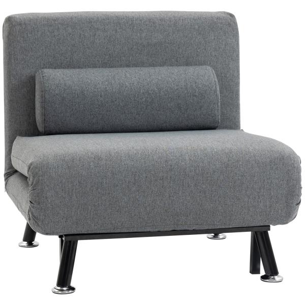 Sofá Cama Individual Dobrável com Encosto Ajustável em 5 Níveis Almofada e Estofado de Linho Sintético 75x70x75 cm Cinzento