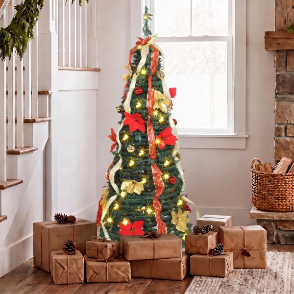 Árvore de Natal Desdobrável 150 cm com 70 Luzes LED, 11 Modos, Comando à Distância e Decoração Incluída, Verde