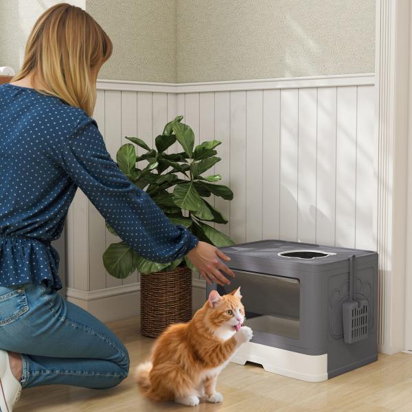 Caixa de Areia para Gatos Amovível com Pá Escova 2 Portas Entrada Principal e Saída Superior 48,5x38x36,5 cm Cinza