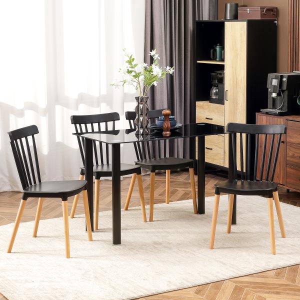 Conjunto de 4 Cadeiras Estilo Nórdico com Encosto Alto e Pés de Madeira de Faia 48x52,5x83cm Preto e Madeira