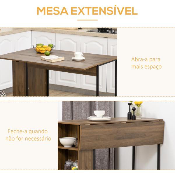 Mesa de Bar Extensível Mesa de Bistrô com 3 Prateleiras de Armazenamento e Estrutura de Metal 120x76x91,4cm Marrom