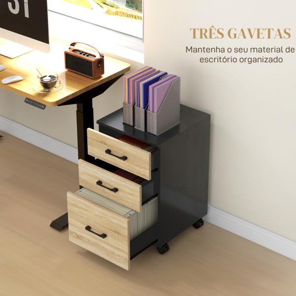 Arquivador de Escritório Móvel de Arquivos com 4 Rodas 3 Gavetas para Tamanho A4 Carta 40x42x65 cm Carvalho e Preto