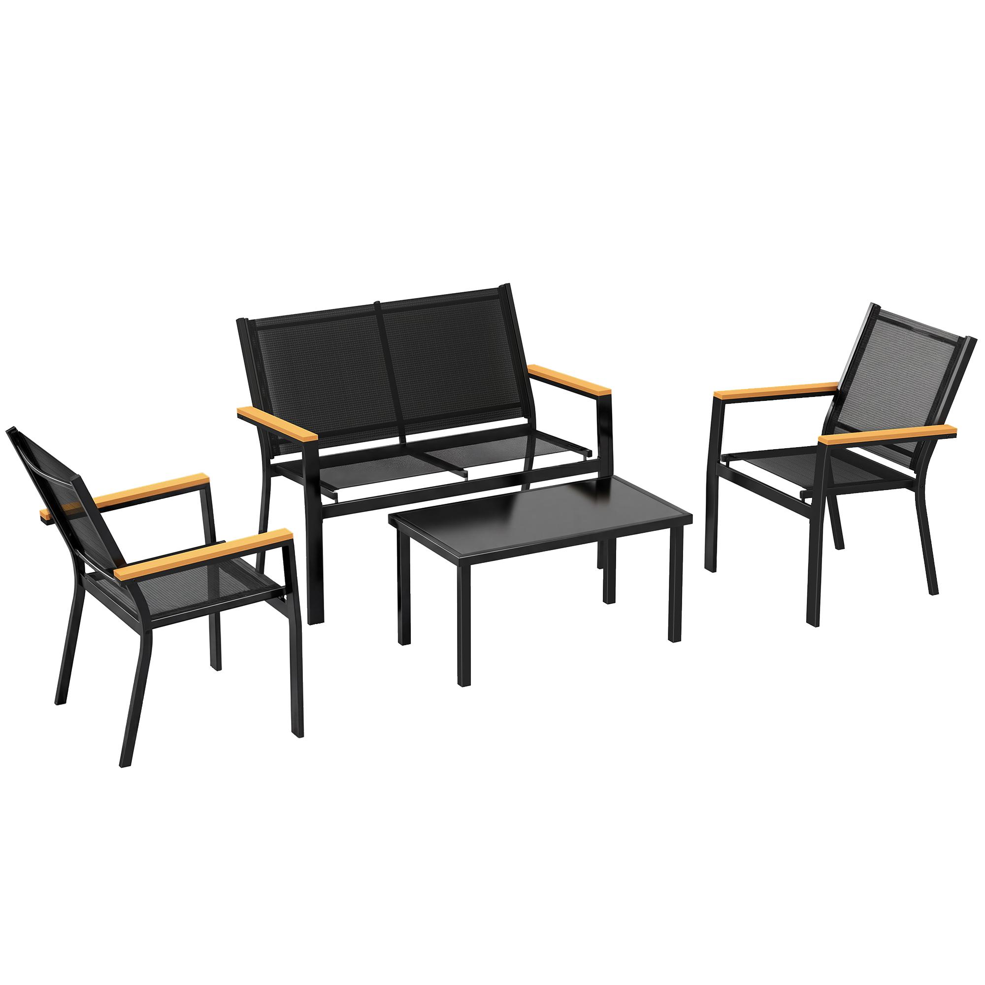 Conjunto de Jardim Exterior de 4 Peças com Sofá de 2 Lugares 2 Cadeiras e Mesa de Vidro Temperado Tecido Textilene Preto