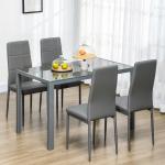 Conjunto de Sala de Jantar 5 Peças com Mesa Retangular de Vidro Temperado e 4 Cadeiras em PU Cinzento
