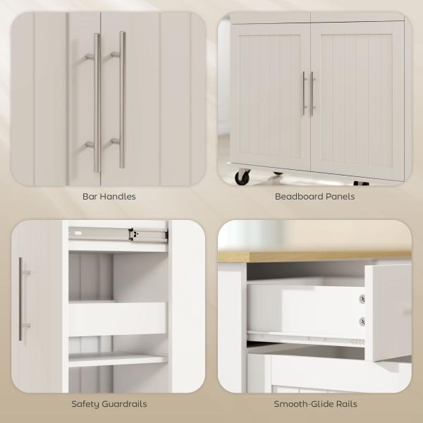 Ilha de Cozinha com Rodas Bancada Dobrável 2 Portas com Fecho Suave e Bandeja Extraível 129x65x91 cm Branco