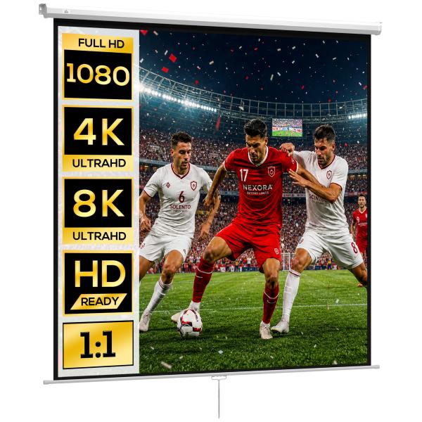 Tela de Projeção Manual 120 Polegadas Portátil Formato 1:1 para Interior e Exterior Cinema em Casa 207x207 cm Branco