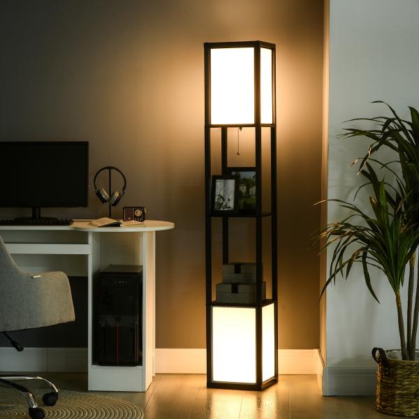 Candeeiro de Pé de Madeira com Prateleira Suporte para Lâmpada E27 Candeeiro Moderno 26x26x156 cm Preto e Branco