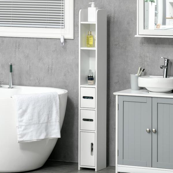 Coluna Casa de Banho com 3 Portas e 3 Prateleiras Abertas Coluna Auxiliar Estilo Moderno 15x17x120cm Branco