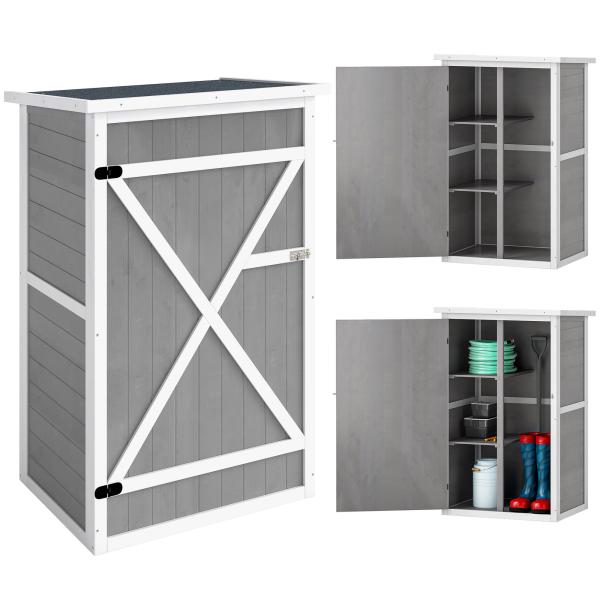 Armário de Jardim de Madeira 75x56x115cm para Ferramentas com 3 Prateleiras Interiores Porta com Trava e Teto Asfáltico Cinza