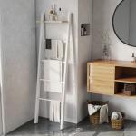 Toalheiro de Escada com Prateleira Superior e 4 Barras Suporte de Toalhas para Encostar na Parede 43x20x151 cm Branco e Carvalho