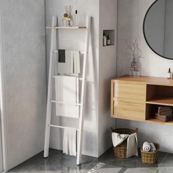 Toalheiro de Escada com Prateleira Superior e 4 Barras Suporte de Toalhas para Encostar na Parede 43x20x151 cm Branco e Carvalho