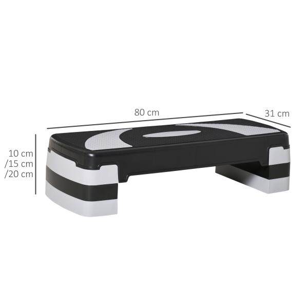 Step para Exercício Aeróbico Plataforma Step com Altura Ajustável em 3 Níveis com Carga Máxima 150kg para Exercício em Academia Casa 80x31x10 - 20cm Preto e Branco