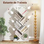 Estante em Forma de Árvore de 7 Níveis Estante de Livros com 7 Prateleiras e Estrutura de Aço 50x24x109 cm Branco