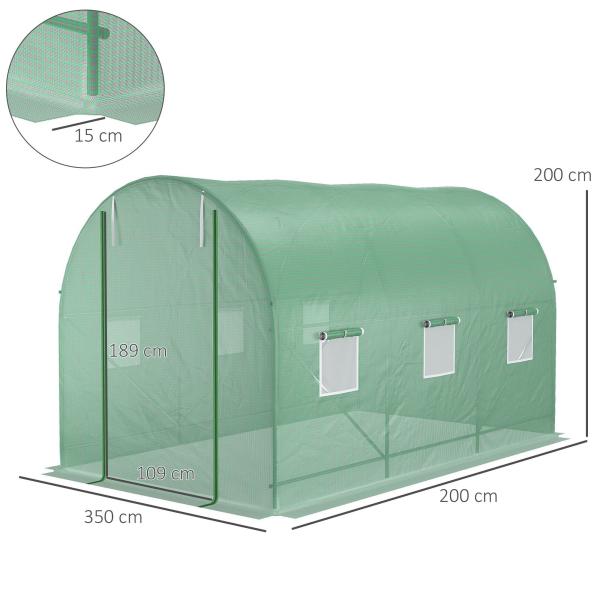 Estufa Tipo Túnel de Jardim 350x200x200cm Estufa de Jardim com 6 Janelas Respiráveis e Porta Enrolável com Zíper para Cultivo de Plantas e Verduras Verde