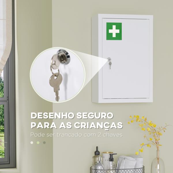 Armário Farmácia de Parede em Aço com 3 Prateleiras de Armazenamento e 2 Chaves para Casa de Banho 30x14x46 cm Branco