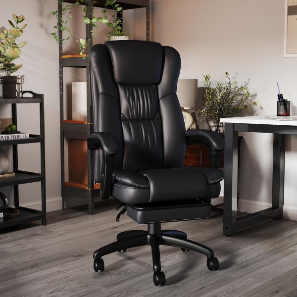 Cadeira de Escritório e Giratória Cadeira de Escritório com Altura Ajustável 6 Pontos de Massagem Controle Remoto e Apoio para os Pés Retrátil 68,5x68,5x119 - 127cm Preto