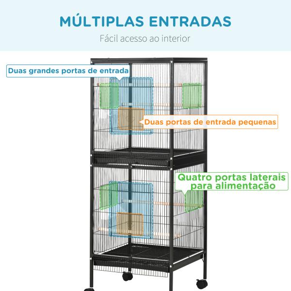 Gaiola para Pássaros com Rodas de 2 Níveis com Bandejas Removíveis Portas Comedouros Poleiros 51,5x50x140 cm Preto