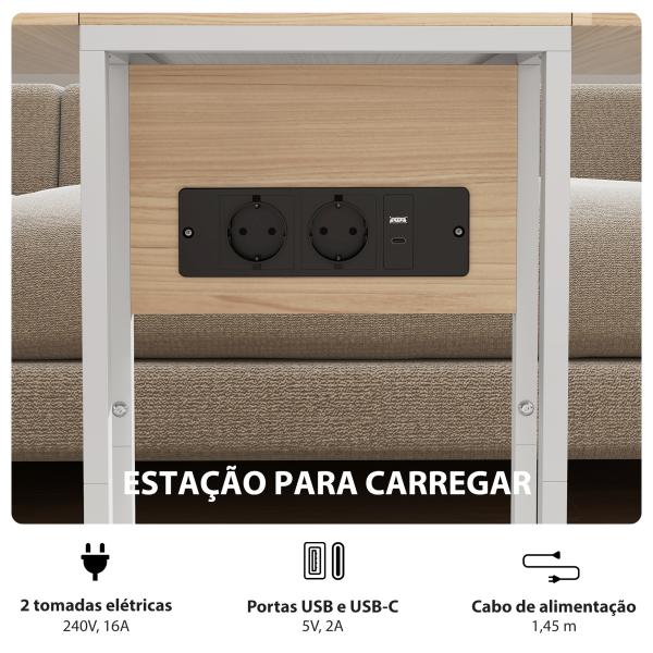 Mesa Auxiliar com Estação de Carga com Tampo Dobrável e Pés Ajustáveis 39x29x57 cm Branco e Madeira