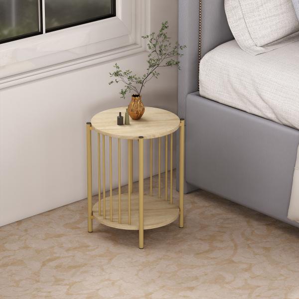 Mesa Lateral Redonda de 2 Níveis com Prateleira de Armazenamento e Estrutura de Aço para Sala e Quarto Ø41x49 cm Madeira