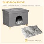 Caverna para Gatos 2 em 1 Banco para Apoio dos Pés com Tampa Removível Orifício de Entrada Almofada Lavável e Pés Elevados de Madeira para Interior 60x45x44,5cm Cinza