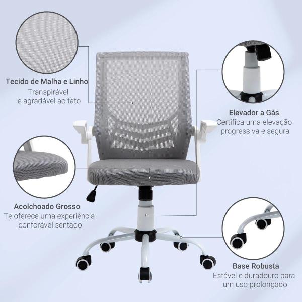 Cadeira de Escritório Ergonômica Giratória com Altura Ajustável Apoio para os Braços Dobrável Suporte Lombar e Encosto Transpirável 62,5x55x94 - 104 cm Cinza
