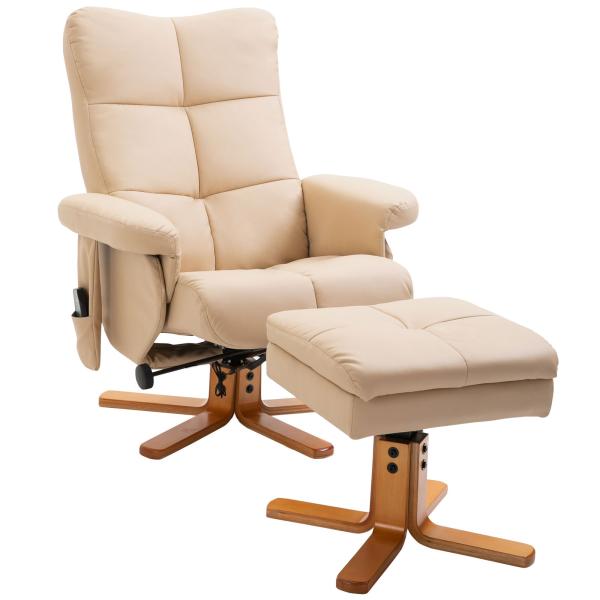 Poltrona Relax Reclinável com Apoio de Pés, 10 Pontos de Massagem, Giratória, Comando à Distância, Bolso Lateral, Creme