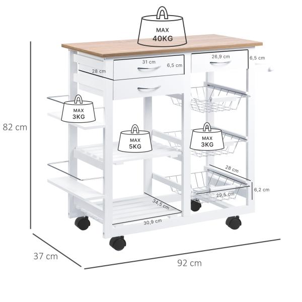 Carrinho de cozinha multifuncional com gavetas Cestas Prateleiras de especiarias Toalheiro Rodas 92x37x82 cm Branco