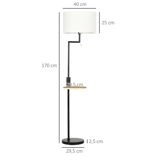 Candeeiro de Pé com Mesa Auxiliar Lâmpada E27 Máx. 40W Ecrã de Linho Interruptor de Corrente e Carregador USB Ø40x168cm Preto e Madeira
