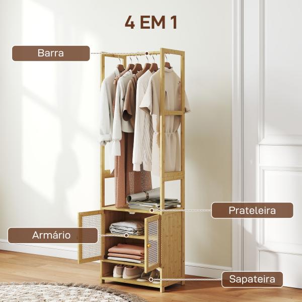 Móvel Cabide de Entrada de Bambu com Sapateira Barra para Pendurar Prateleira Ajustável 53x31x168 cm Madeira