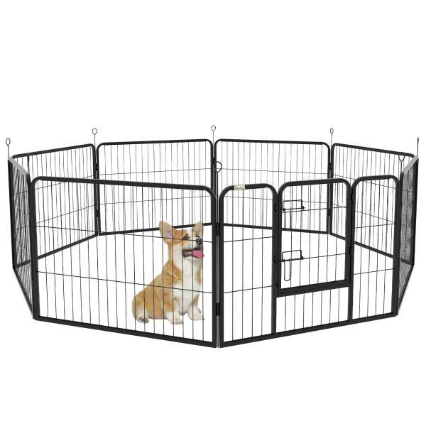 Parque para Animais de Estimação 8 Paineis 80x60cm Gaiola para Cães de Metal com Porta e Dupla Fechadura Preto