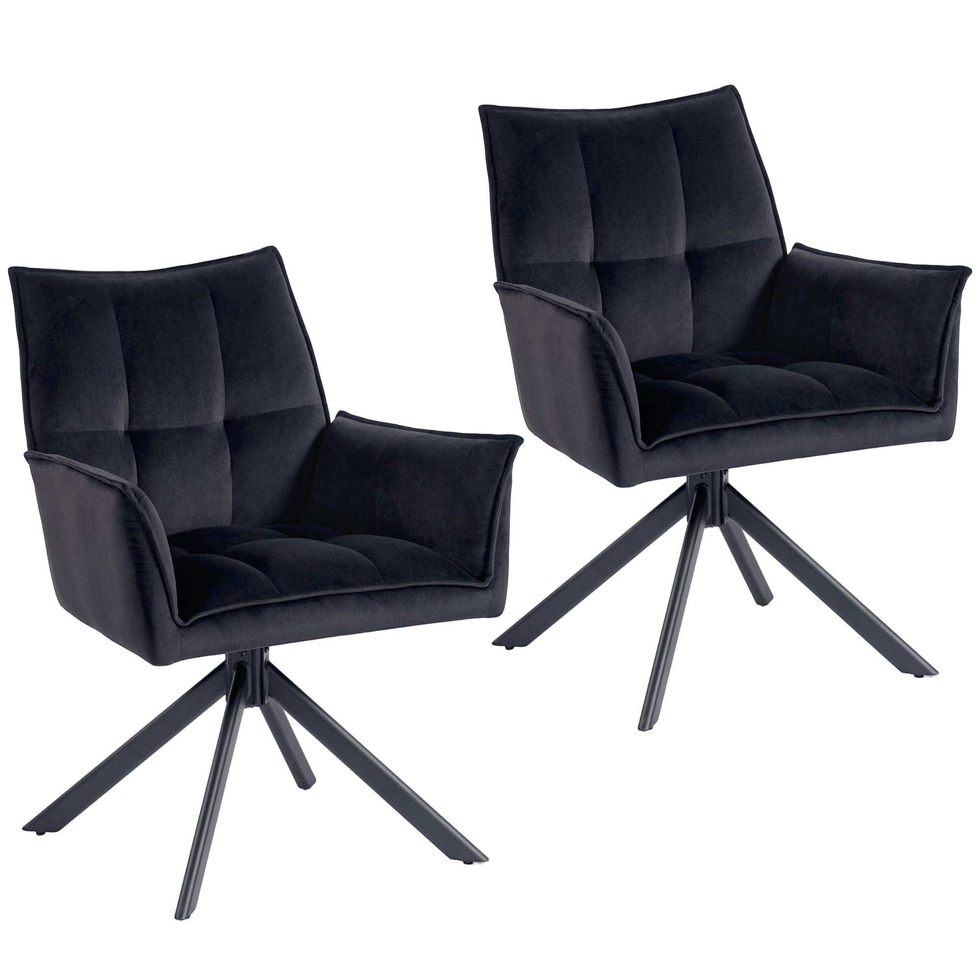Conjunto de 2 Cadeiras de Refeição Giratórias 360° Estofado Estofamento em Veludo Pés em Aço 63x64x85 cm Preto