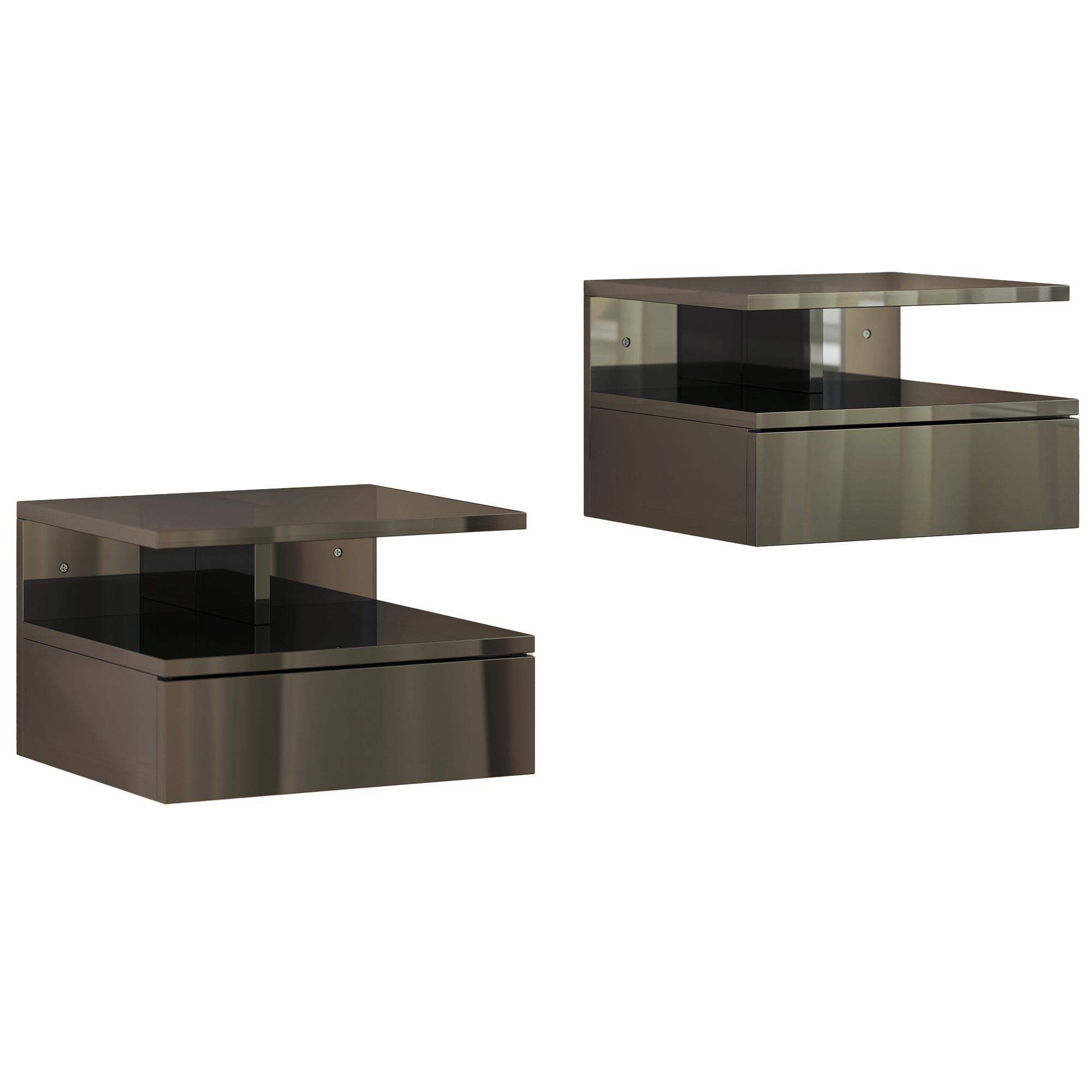 Conjunto de 2 Mesas de Cabeceira Flutuantes com Gaveta e Prateleira Aberta para Sala de Estar, 35x32x22,5 cm Preto Brilhante