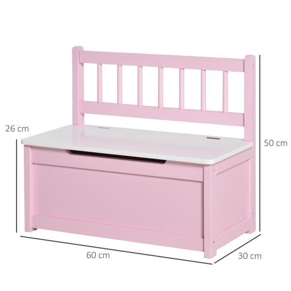 Baú de Brinquedos Banco de Armazenamento Infantil de Madeira de Pinho com Tampa de Amortecimento e Encosto Alto 60x30x50 cm Rosa