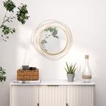 Espelho Decorativo de Parede Adorno de Parede Metálico Ø65 cm com Ganchos para Sala de Estar Quarto Corredor Dourado