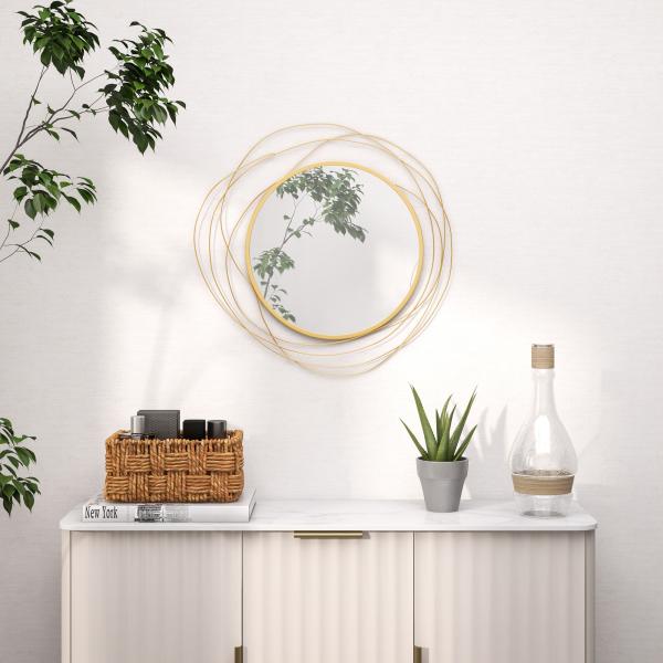 Espelho Decorativo de Parede Adorno de Parede Metálico Ø65 cm com Ganchos para Sala de Estar Quarto Corredor Dourado