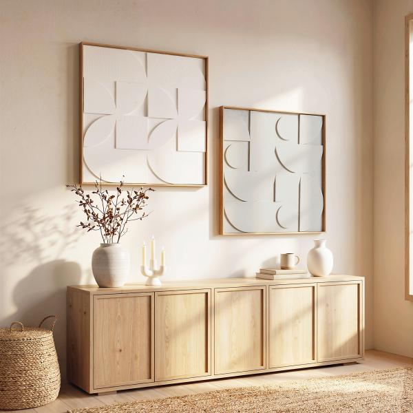 Decoração de Parede em Madeira 3D Conjunto de 2 Peças com 80 cm e Padrões Geométricos Branco