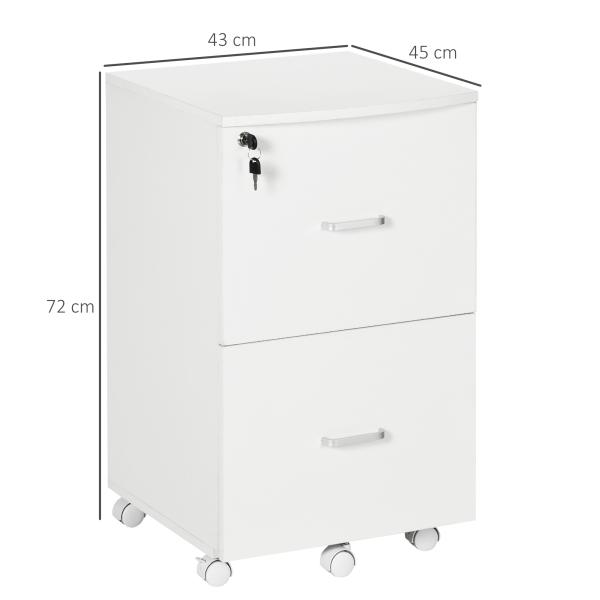 Arquivador de Escritório Móvel Auxiliar para Arquivos com 2 Gavetas Fechadura 2 Chaves 43x45x72cm Branco