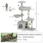 Arranhador para Gatos com Postes Arranhadores de Sisal Cova Plataformas e Bolas Suspensas 65x30x104 cm Cinzento Claro