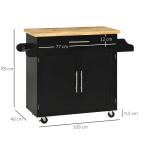 Ilha de Cozinha com Armário Portas e Prateleira Interior Ajustável Gaveta Barra e Suporte para Temperos Móvel Aparador Auxiliar com Rodas para Sala de Jantar 109x40x89cm Preto