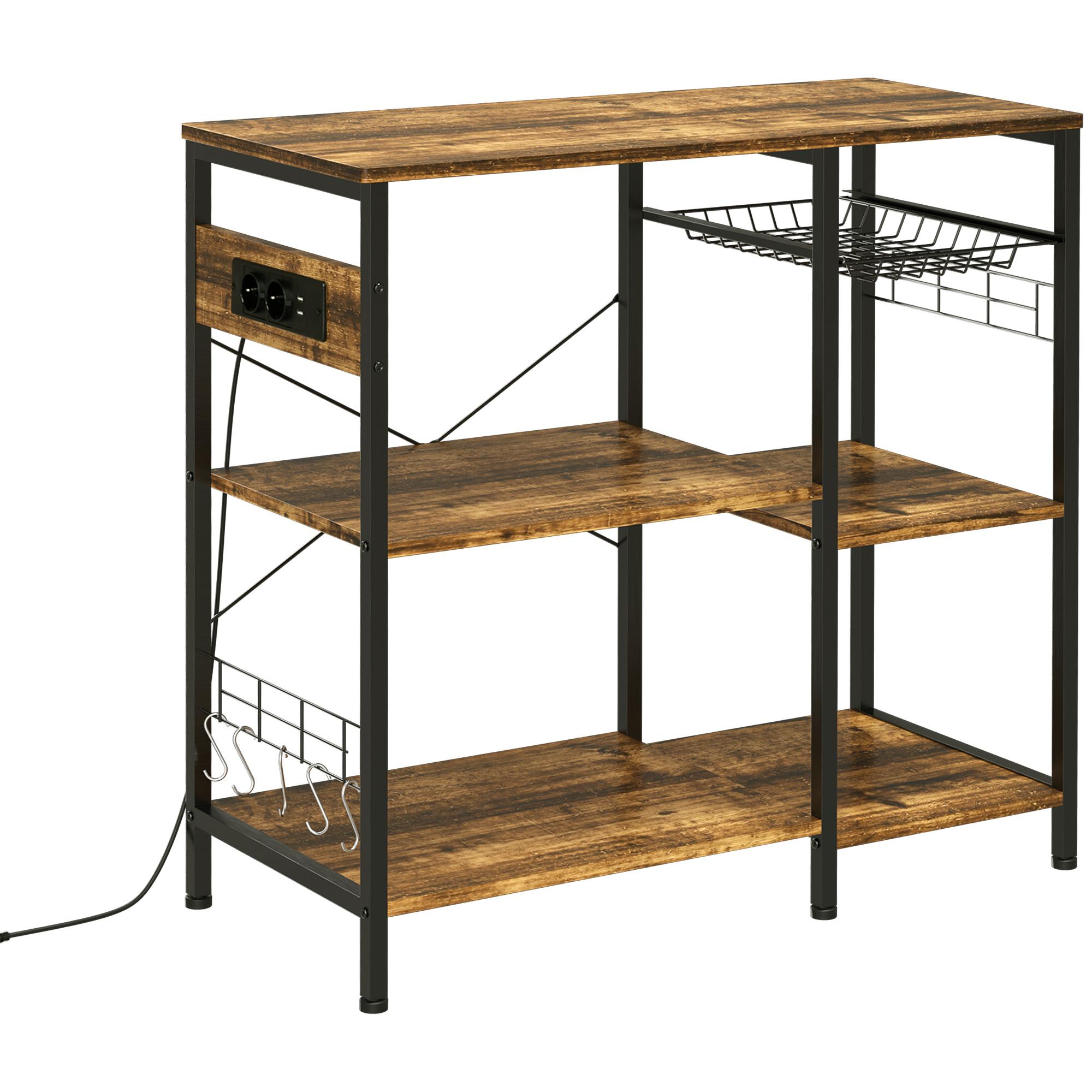 Estante de Cozinha Estilo Industrial com Tomada Elétrica Prateleiras Ajustáveis Ganchos e Cesta Metálica 90x40x83 cm Marrom Rústico