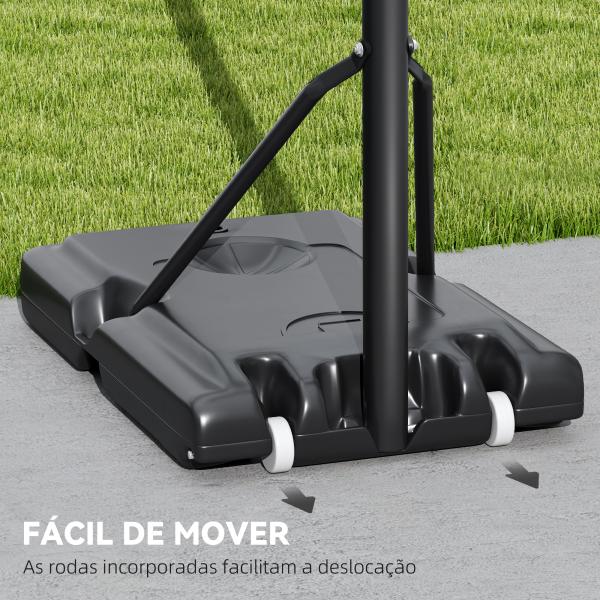 Tabela de Basquetebol de Exterior com Altura Ajustável Suporte Rodas Base Recarregável e Bolsa de Peso 90x60x305 cm Preto