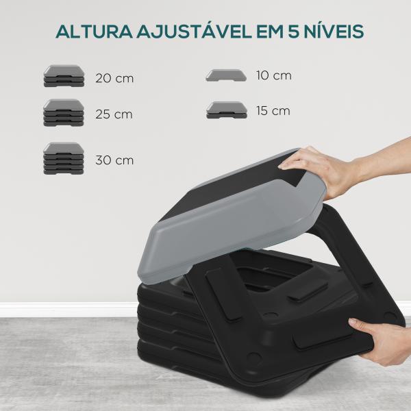 Step para Fitness Stepper Antiderrapante com Altura Ajustável de 10/15/20/25/30 cm Suporta até 150 kg Cinzento