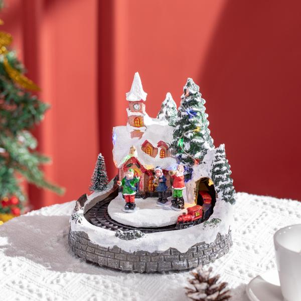 Aldeia de Natal com Luzes LED Trem Giratório e Música Decoração de Natal 20x19,5x20cm Multicor