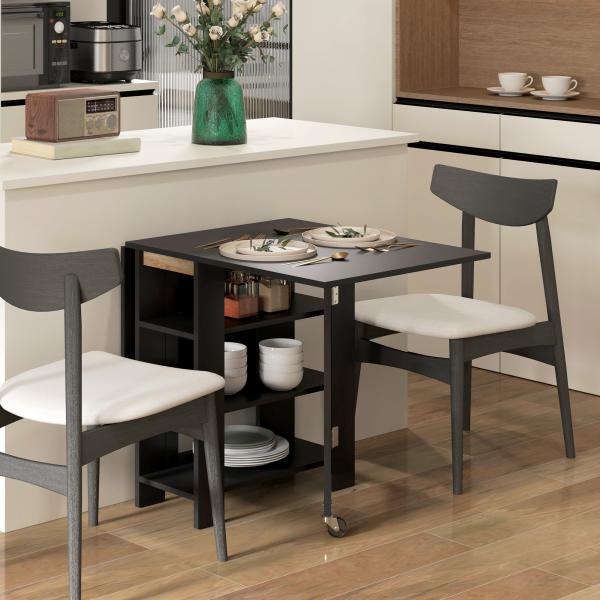 Mesa de Cozinha com Laterais Dobráveis Mesa de Refeição com 2 Rodas e Prateleiras Estilo Moderno 120x60x75 cm Preto