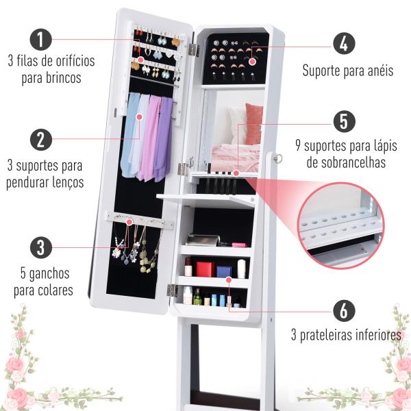 Armário para Joias Luzes LED de luz Reclinável Madeira 30x36x146cm cor Branco