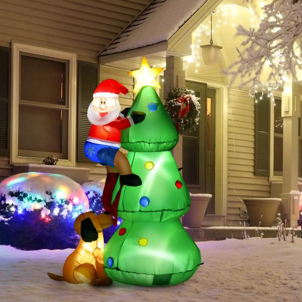 Árvore de Natal insuflável 180 cm com luzes LED, Pai Natal e cão, para interior e exterior, multicolor