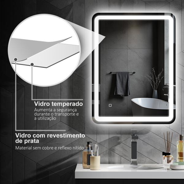 Espelho Casa de Banho com Luzes LED 60x80 cm Função Antiembaciamento 3 Temperaturas de Cor Ajustável e Função de Memória
