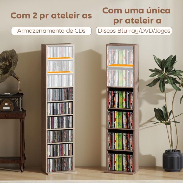 Estante para CDs e DVDs Suportes para CD Estreitos com 9 Compartimentos Prateleiras Ajustáveis 33x24x140 cm Madeira