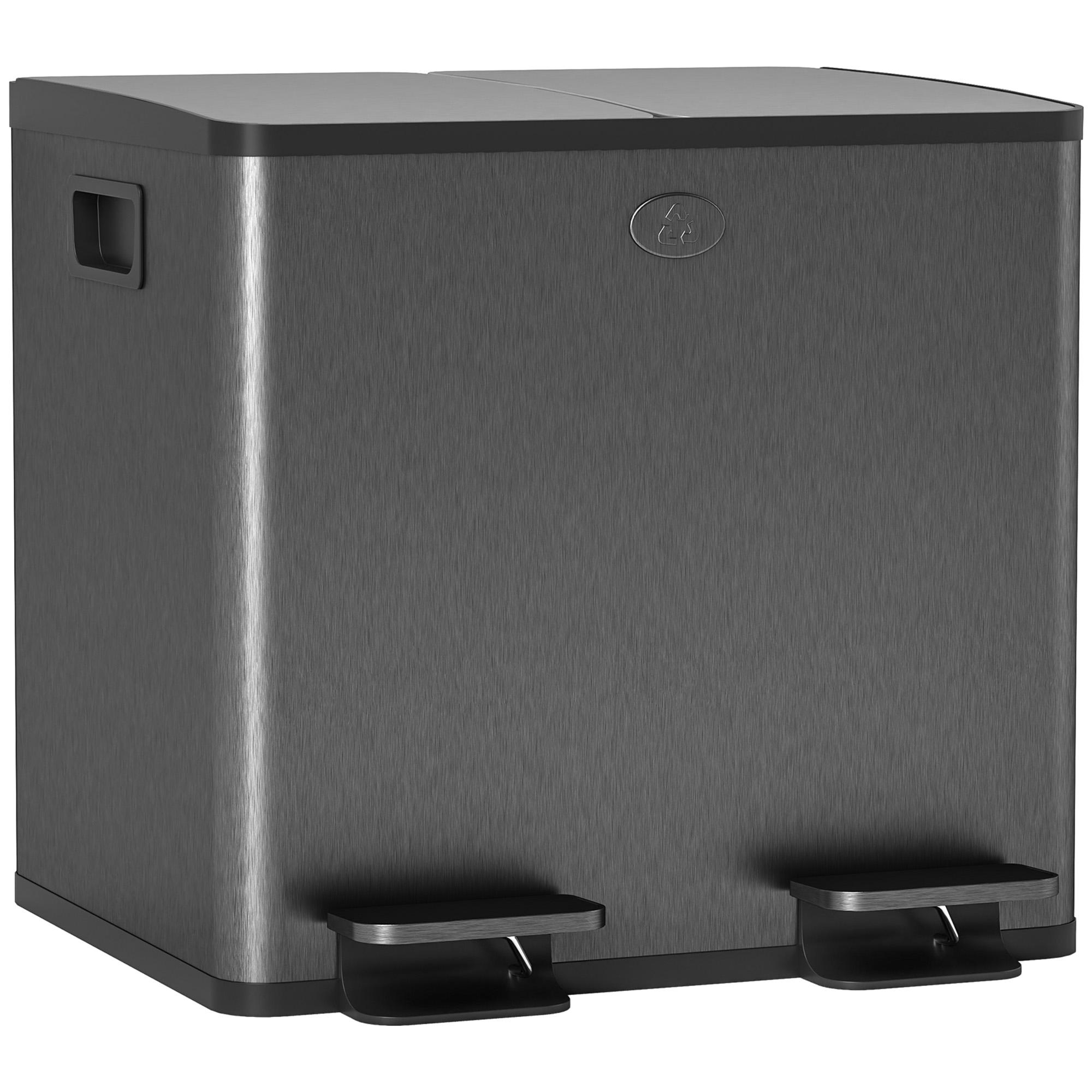 Caixote do Lixo de Cozinha em Aço Inoxidável com 2 Compartimentos 2x15L, Pedal, Tampas de Fecho Suave e Baldes Amovíveis - Preto